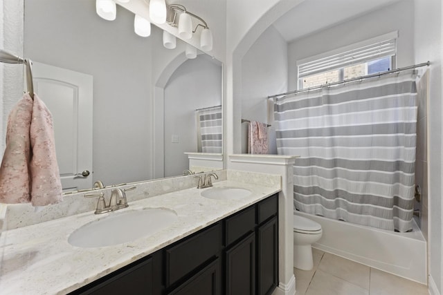 6 Inland Prairie Dr, Tomball, TX 77375 - bathroom featuring shower / tub combo with curtain, tile patterned floors, and double vanity