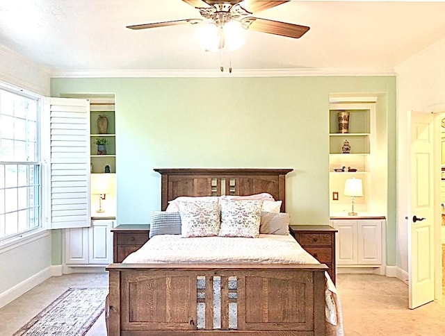 2006 Buffalo Ter, Houston, TX 77019 - bedroom featuring light colored carpet, ornamental molding, and a ceiling fan