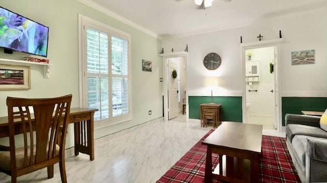 2006 Buffalo Ter, Houston, TX 77019 - living area featuring crown molding, a ceiling fan, and marble finish floors