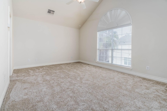 5817 Katy St, Houston, TX 77007 - empty room featuring a ceiling fan, carpet floors, and vaulted ceiling