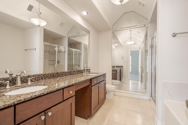 5817 Katy St, Houston, TX 77007 - bathroom featuring a shower stall, double vanity, a bath, tile patterned floors, and lofted ceiling