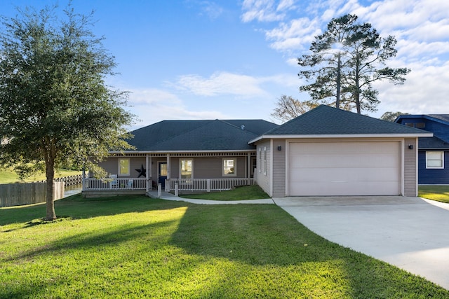 129 Lakeshore Dr, Onalaska, TX 77360 - ranch-style house featuring covered porch, driveway, an attached garage, and a shingled roof