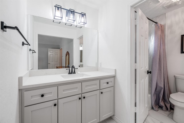 9706 Broadley Dr, Sugar Land, TX 77498 - bathroom with vanity, a shower with shower curtain, and marble look tiles