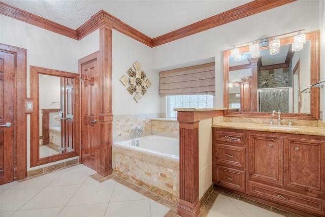9706 Broadley Dr, Sugar Land, TX 77498 - full bath with a garden tub, a shower stall, vanity, ornamental molding, and tile patterned flooring