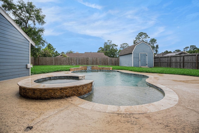 3014 Bayou Dr, La Porte, TX 77571 - view of swimming pool with a fenced backyard, a storage shed, and a pool with connected hot tub