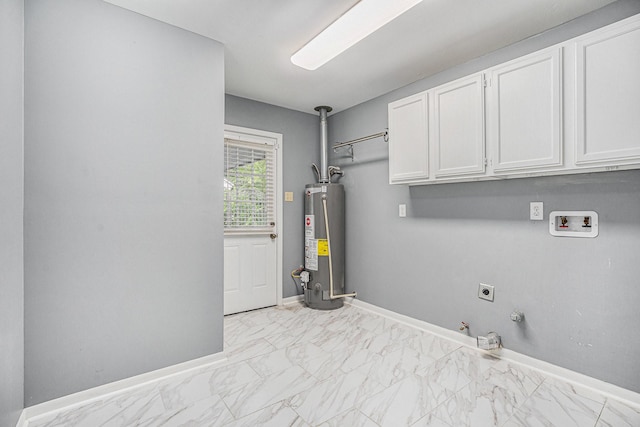 3014 Bayou Dr, La Porte, TX 77571 - washroom featuring water heater, electric dryer hookup, cabinet space, hookup for a gas dryer, and hookup for a washing machine