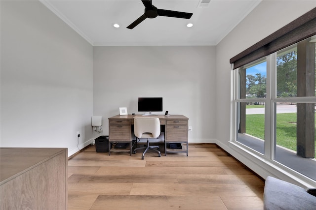 110 Penguin Pt, Point Blank, TX 77364 - office featuring ornamental molding, a ceiling fan, light wood-type flooring, and recessed lighting