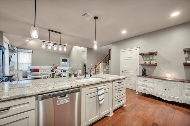 10252 Sunset Ln, Conroe, TX 77385 - kitchen featuring stainless steel dishwasher, dark wood finished floors, white cabinetry, open floor plan, and open shelves