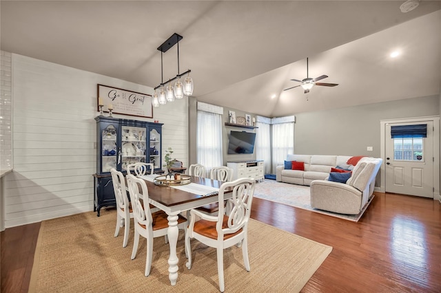 10252 Sunset Ln, Conroe, TX 77385 - dining space featuring plenty of natural light, ceiling fan, wood finished floors, and vaulted ceiling