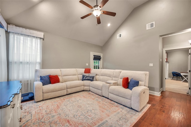 10252 Sunset Ln, Conroe, TX 77385 - living area with a ceiling fan, hardwood / wood-style floors, high vaulted ceiling, and recessed lighting