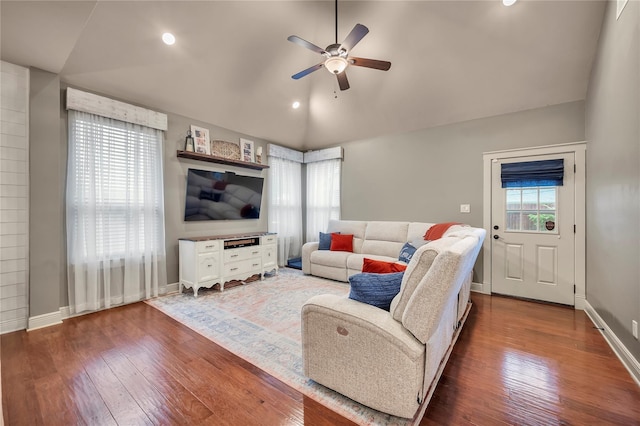 10252 Sunset Ln, Conroe, TX 77385 - living room featuring a ceiling fan, vaulted ceiling, hardwood / wood-style flooring, and recessed lighting