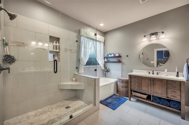 10252 Sunset Ln, Conroe, TX 77385 - bathroom featuring a shower stall, a bath, vanity, tile patterned flooring, and recessed lighting