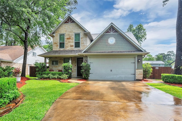 10252 Sunset Ln, Conroe, TX 77385 - craftsman-style house with stone siding, concrete driveway, and an attached garage