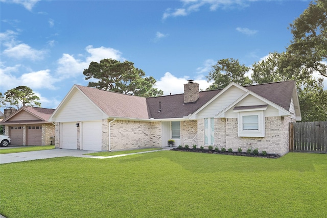4005 Stoneybrook St, Baytown, TX 77521 - ranch-style house featuring brick siding, a chimney, a garage, driveway, and roof with shingles
