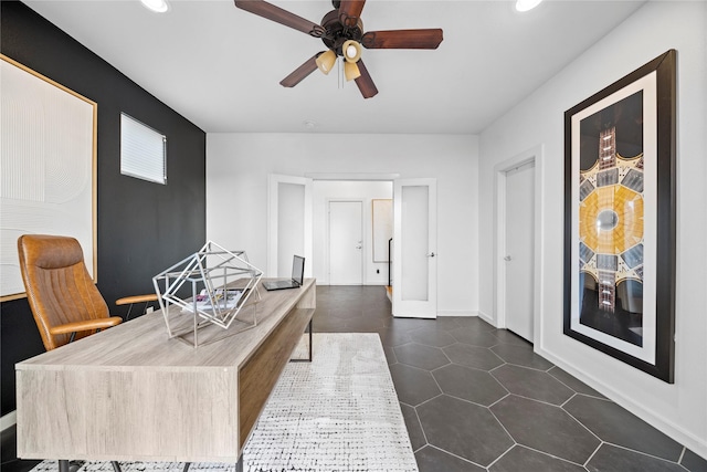 2310 Arabelle St, Houston, TX 77007 - office area featuring recessed lighting, a ceiling fan, and dark tile patterned floors