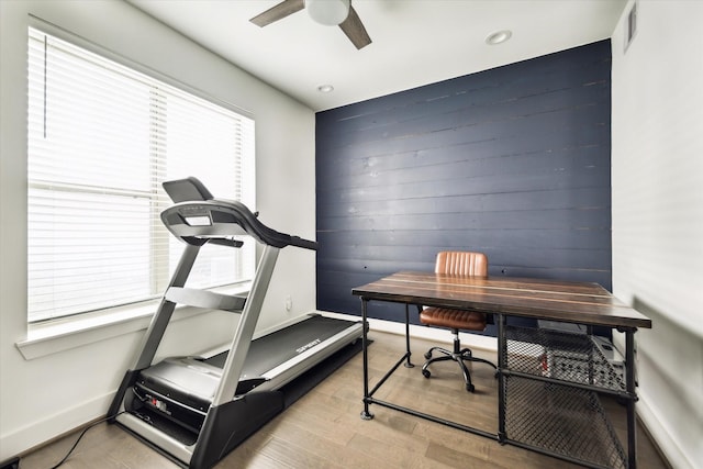 2212 Mcgowen St, Houston, TX 77004 - exercise area with a ceiling fan and wood finished floors