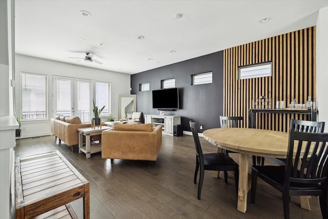 2212 Mcgowen St, Houston, TX 77004 - living room featuring dark wood-style flooring, ceiling fan, and recessed lighting