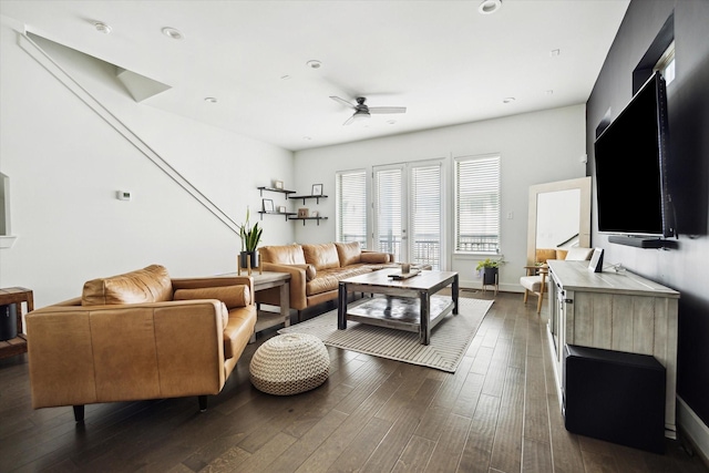 2212 Mcgowen St, Houston, TX 77004 - living room featuring ceiling fan and dark wood-type flooring