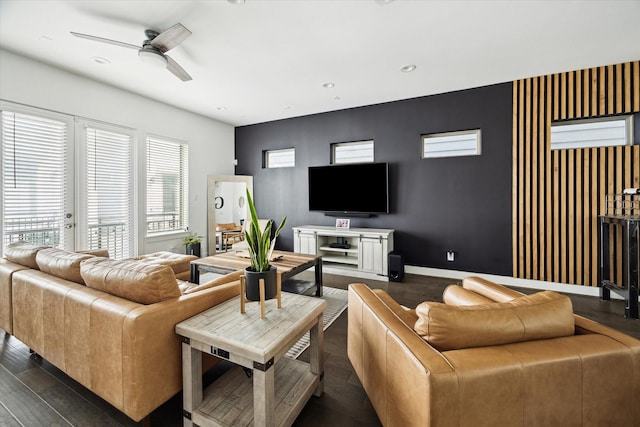 2212 Mcgowen St, Houston, TX 77004 - living room featuring a ceiling fan, dark wood-style flooring, and recessed lighting