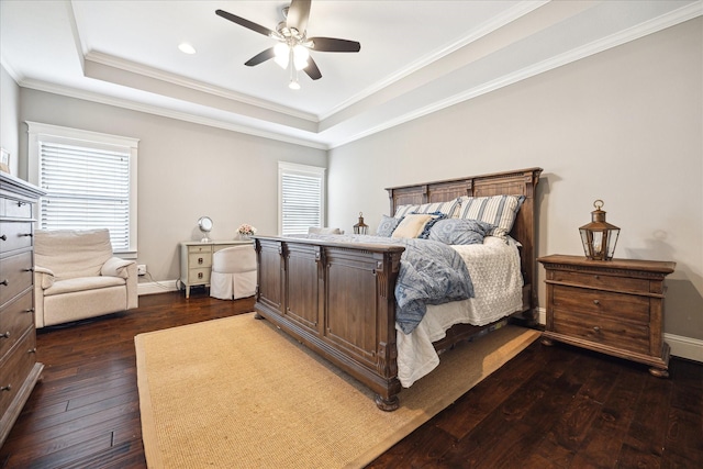 1346 Thornton Rd, Houston, TX 77018 - bedroom with dark wood finished floors, a raised ceiling, ornamental molding, ceiling fan, and recessed lighting