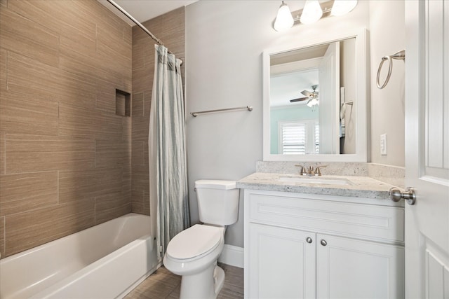1346 Thornton Rd, Houston, TX 77018 - bathroom featuring vanity, shower / bath combination with curtain, and a ceiling fan
