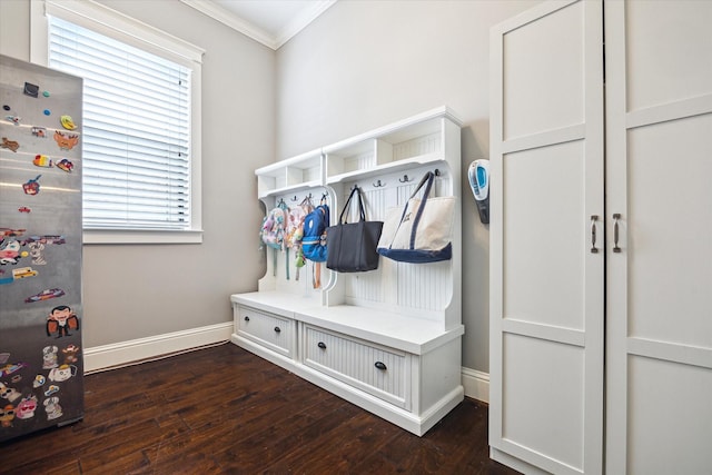 1346 Thornton Rd, Houston, TX 77018 - mudroom featuring ornamental molding and dark wood-type flooring