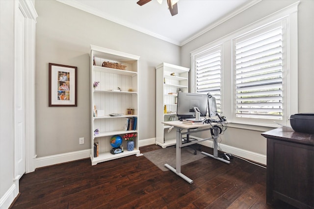 1346 Thornton Rd, Houston, TX 77018 - home office featuring a ceiling fan, wood-type flooring, and crown molding