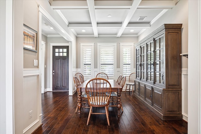 1346 Thornton Rd, Houston, TX 77018 - dining room with dark wood-style flooring, beamed ceiling, coffered ceiling, a decorative wall, and a wainscoted wall