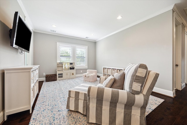 1346 Thornton Rd, Houston, TX 77018 - living room with dark wood-style floors, crown molding, and recessed lighting