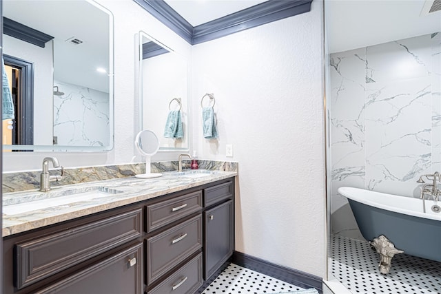 3217 Parkwood Dr, Houston, TX 77021 - full bath featuring double vanity, a freestanding tub, and a marble finish shower