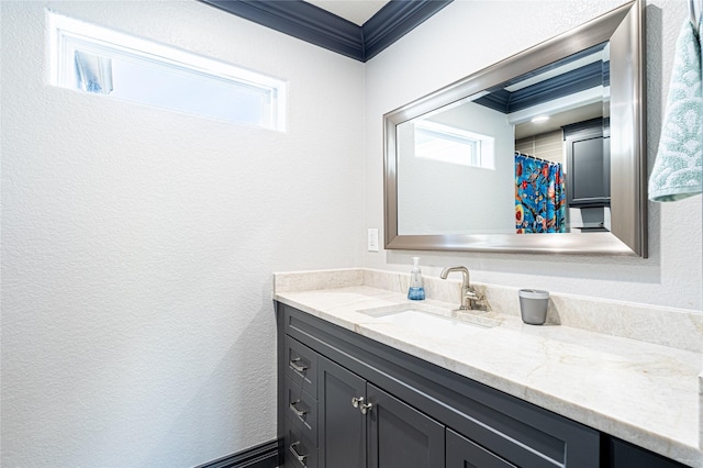 3217 Parkwood Dr, Houston, TX 77021 - full bath with vanity, a textured wall, and ornamental molding