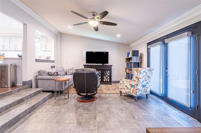 3217 Parkwood Dr, Houston, TX 77021 - living room with ornamental molding, plenty of natural light, a ceiling fan, and vaulted ceiling