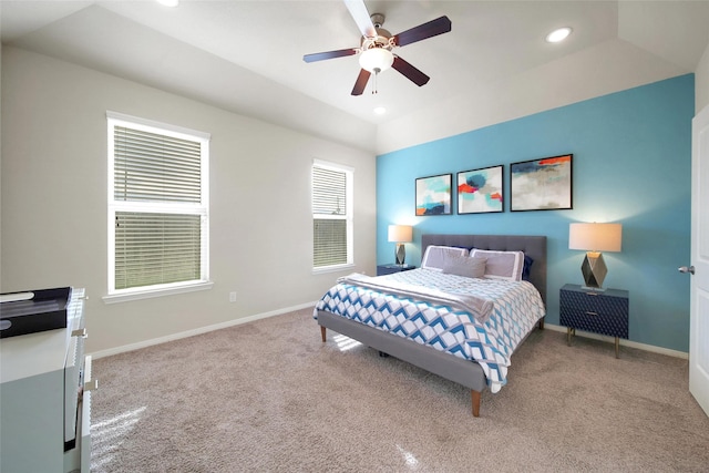 22223 Ebbets Field Dr, Spring, TX 77389 - bedroom featuring carpet floors, recessed lighting, ceiling fan, and vaulted ceiling