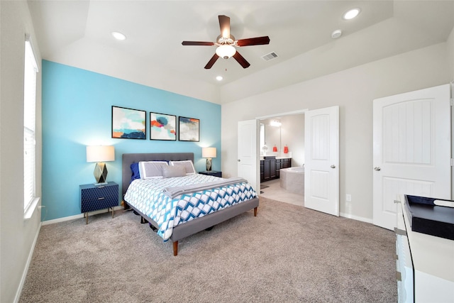 22223 Ebbets Field Dr, Spring, TX 77389 - bedroom featuring carpet flooring, recessed lighting, ensuite bathroom, a ceiling fan, and multiple windows