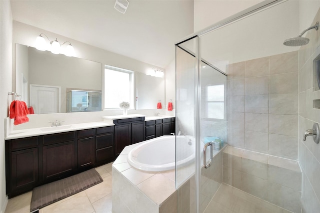 22223 Ebbets Field Dr, Spring, TX 77389 - bathroom featuring a stall shower, vanity, a bath, and tile patterned floors