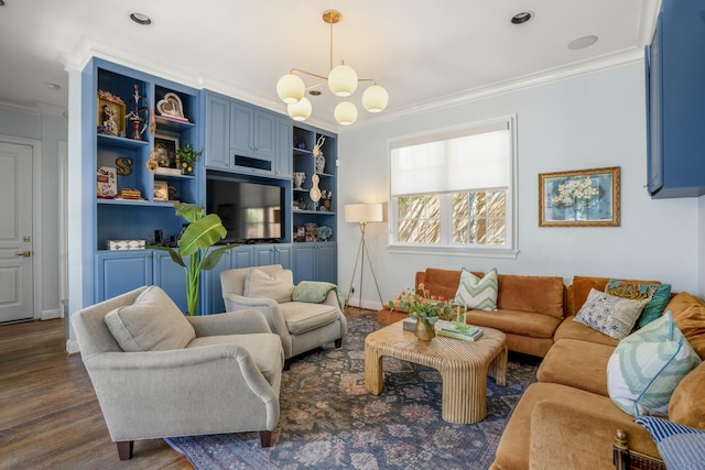 2248 Robinhood St, Houston, TX 77005 - living area featuring crown molding, dark wood-style flooring, and a chandelier