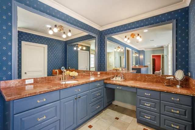 2248 Robinhood St, Houston, TX 77005 - full bath with ornamental molding, tile patterned floors, vanity, and wallpapered walls