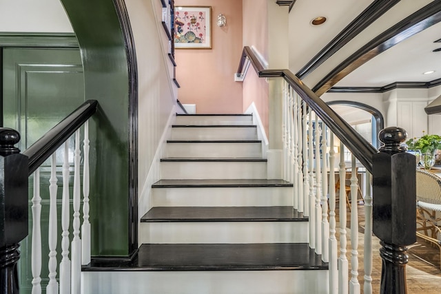 2248 Robinhood St, Houston, TX 77005 - stairs featuring crown molding