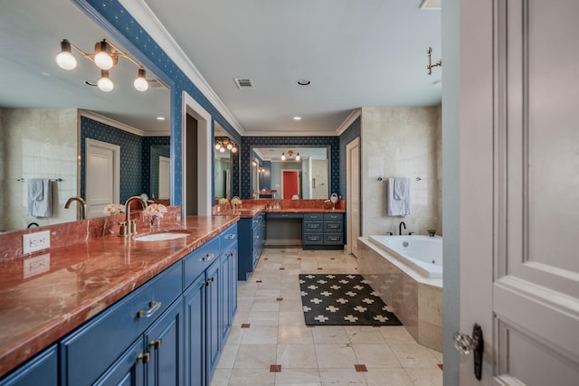 2248 Robinhood St, Houston, TX 77005 - bathroom with crown molding, a bath, vanity, and tile patterned flooring