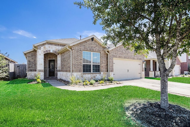 23719 Scotsman Dr, Katy, TX 77493 - view of front of property with stone siding, an attached garage, concrete driveway, and brick siding