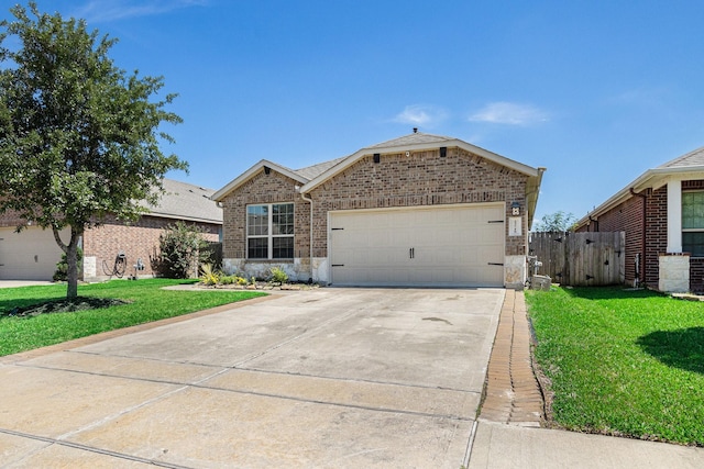 23719 Scotsman Dr, Katy, TX 77493 - ranch-style home with concrete driveway, an attached garage, brick siding, and stone siding