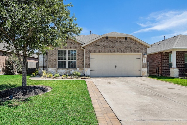 23719 Scotsman Dr, Katy, TX 77493 - single story home with driveway, a garage, a front lawn, and stone siding