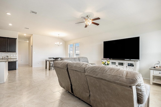 23719 Scotsman Dr, Katy, TX 77493 - living room featuring ceiling fan, a chandelier, lofted ceiling, recessed lighting, and light tile patterned flooring