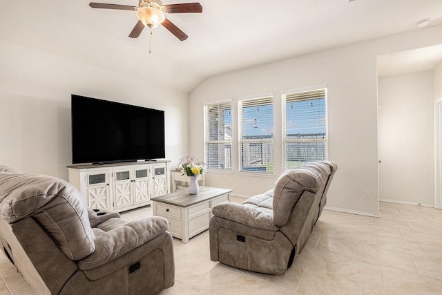 23719 Scotsman Dr, Katy, TX 77493 - living area featuring a ceiling fan, vaulted ceiling, and light tile patterned floors