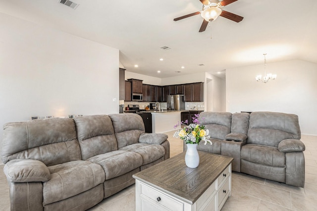 23719 Scotsman Dr, Katy, TX 77493 - living area with a ceiling fan, a chandelier, light tile patterned floors, and recessed lighting
