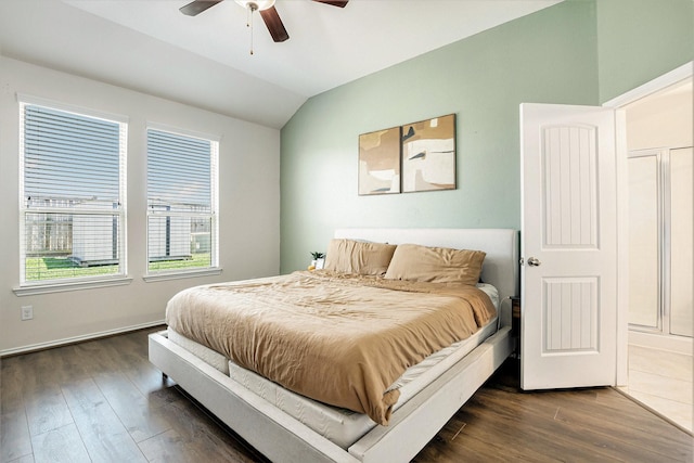 23719 Scotsman Dr, Katy, TX 77493 - bedroom with vaulted ceiling, dark wood-style floors, and ceiling fan