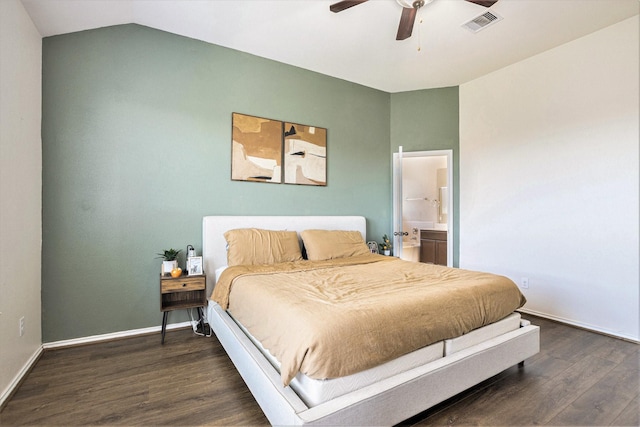 23719 Scotsman Dr, Katy, TX 77493 - bedroom featuring wood finished floors, ceiling fan, vaulted ceiling, and ensuite bathroom