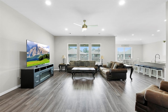 12806 Durham Creek Ln, Tomball, TX 77375 - living room with recessed lighting, wood finished floors, and ceiling fan