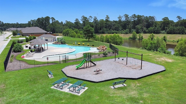 12806 Durham Creek Ln, Tomball, TX 77375 - view of community with a gazebo, a swimming pool, and a water view