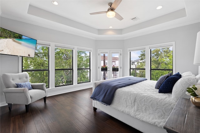 802 Malone St Unit A, Houston, TX 77007 - bedroom featuring a tray ceiling, access to outside, dark wood-style flooring, a ceiling fan, and recessed lighting